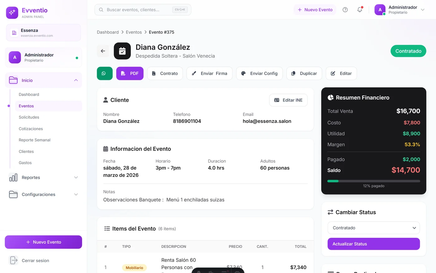 Configuración de evento por el cliente