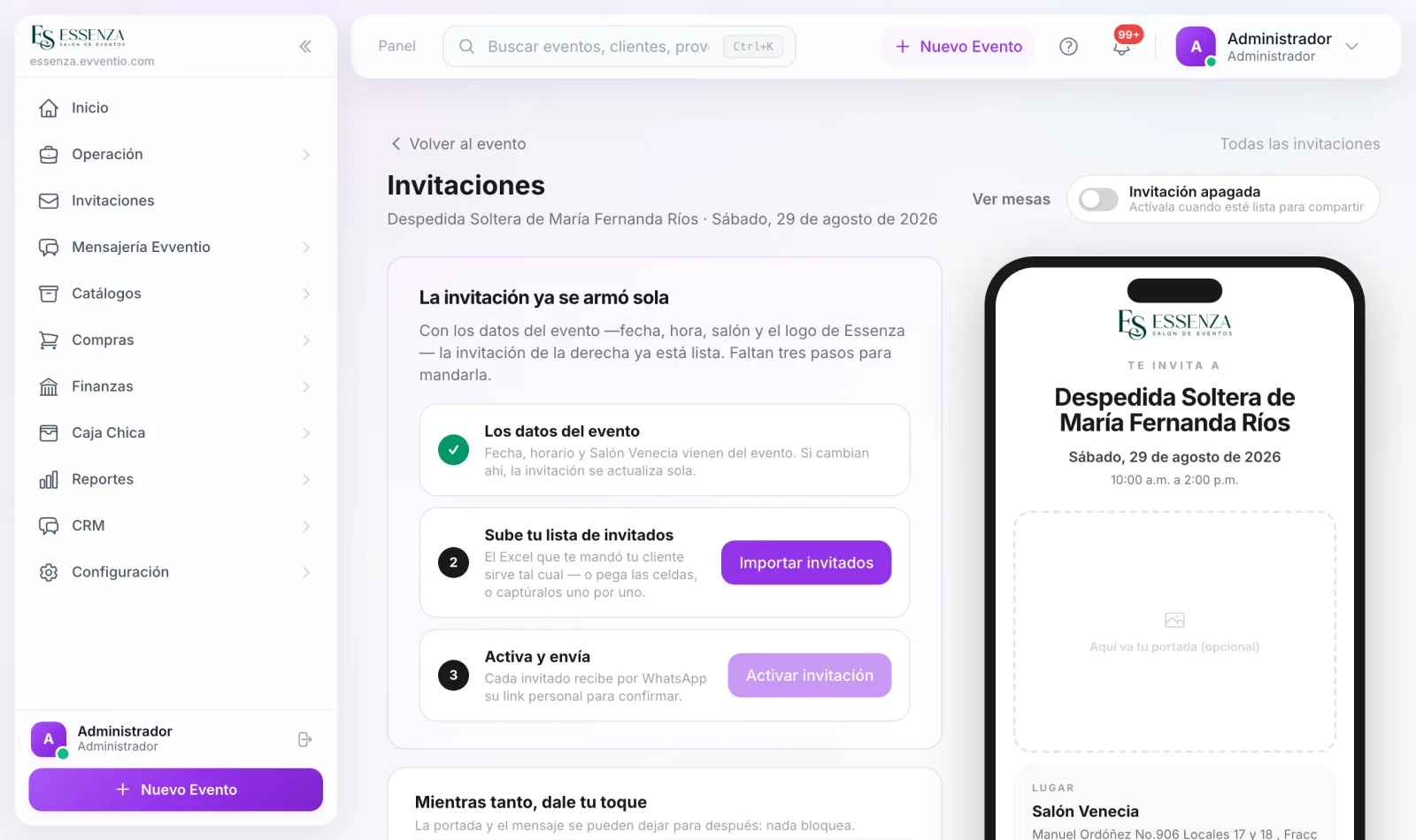 Estudio de invitaciones con la invitación lista y su vista en el teléfono
