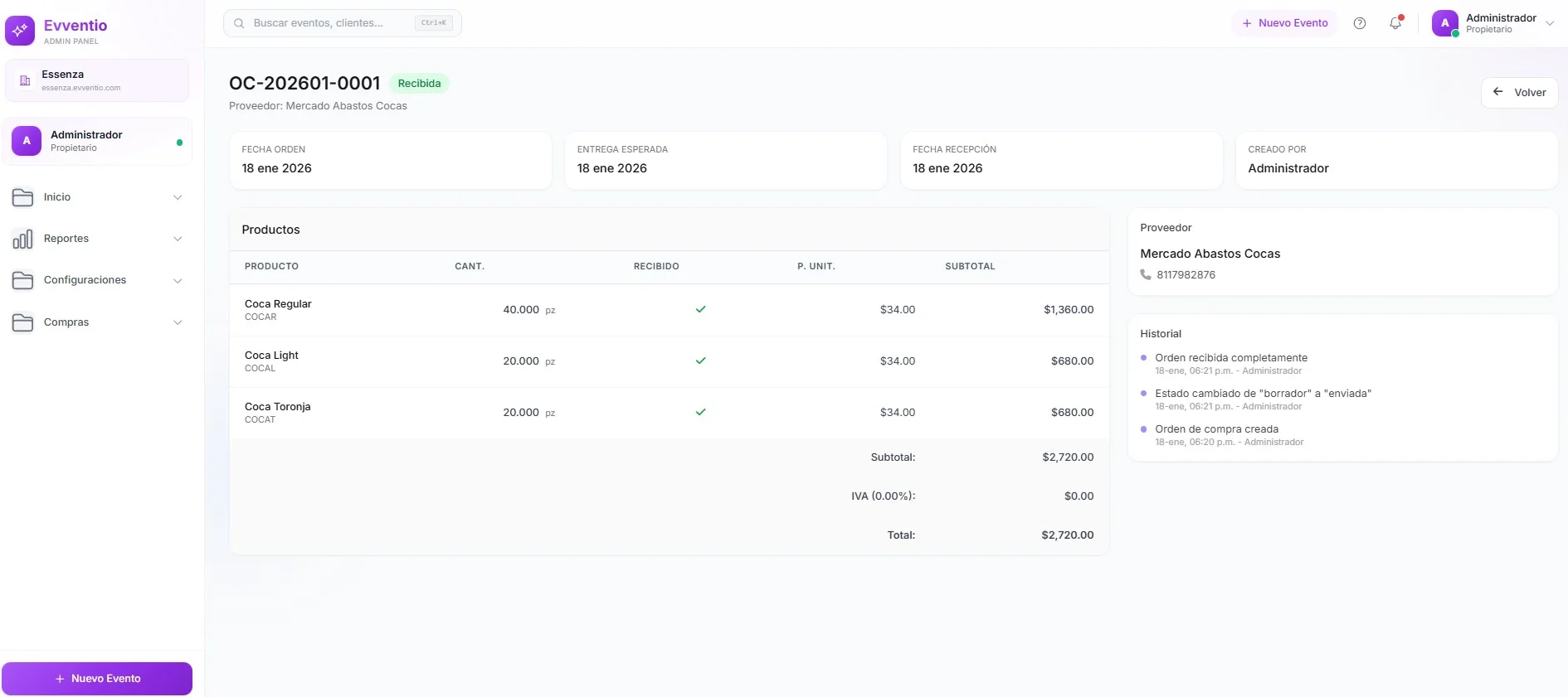 Detalle de orden de compra con productos y proveedor