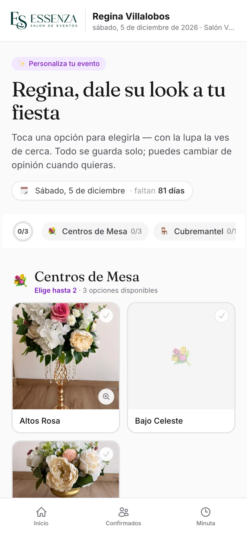 Portal donde el cliente elige opciones de su evento