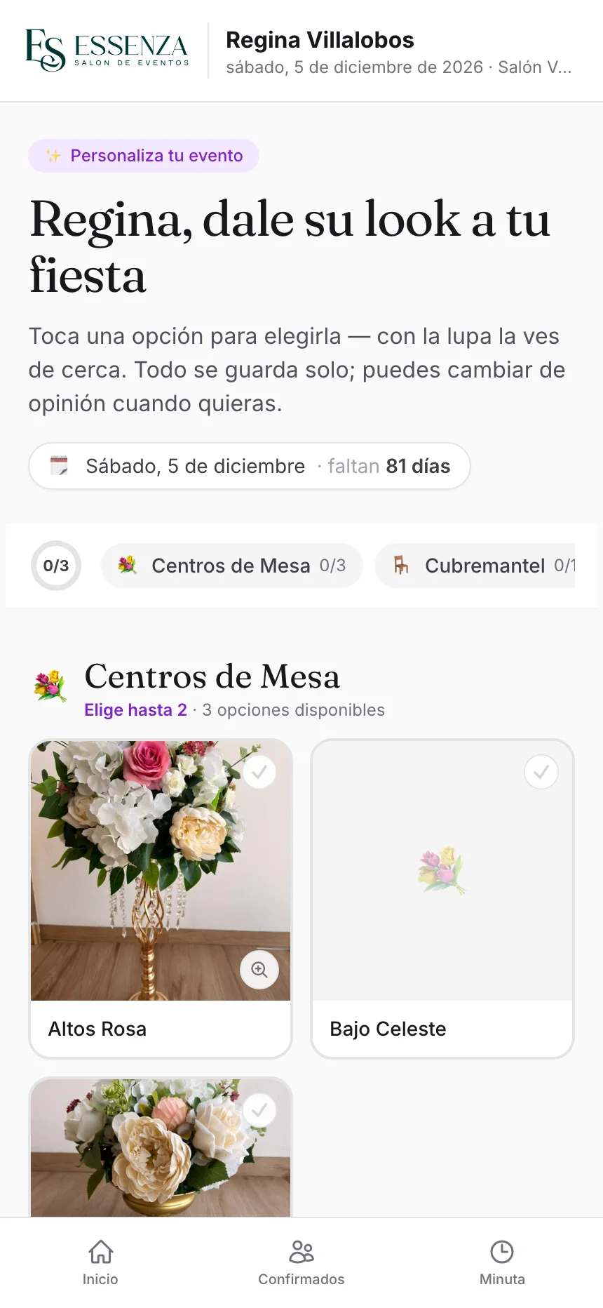 Configuración de evento por el cliente desde su celular: elige centros de mesa, mantelería y menú