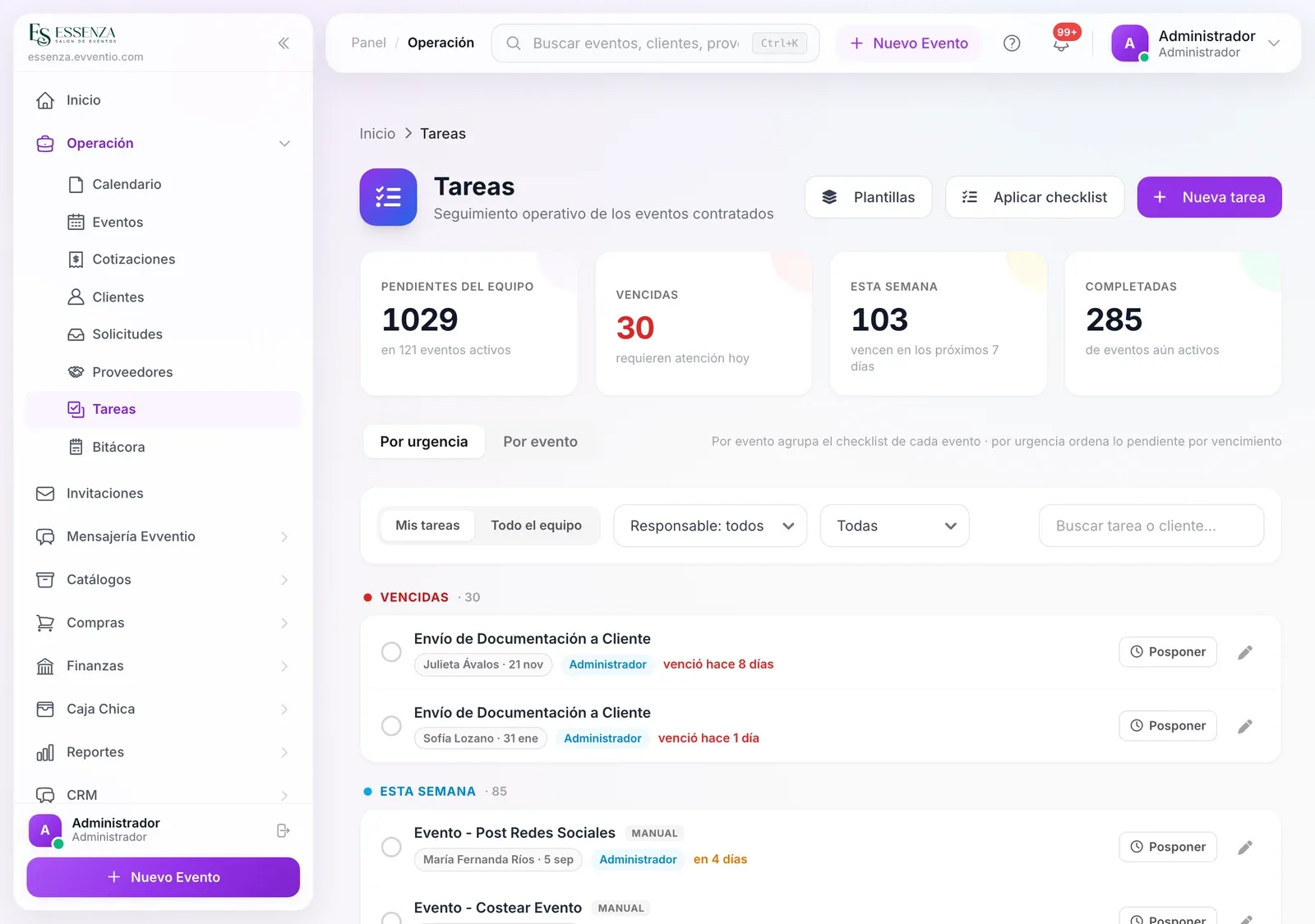 Tablero de tareas por evento con vencimientos